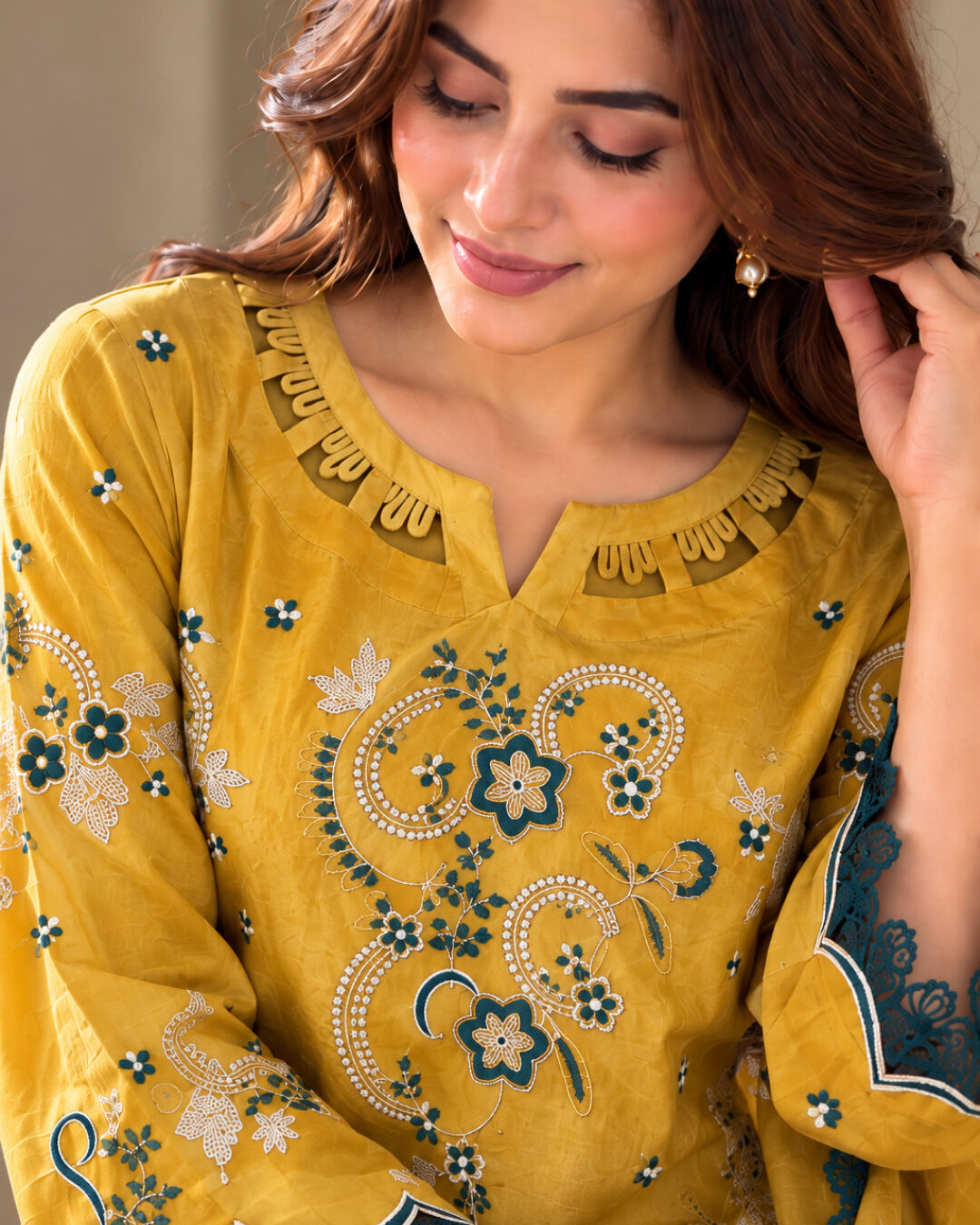 Mustard Yellow embroidered silk 3 piece suit, close-up of the neckline and embroidery