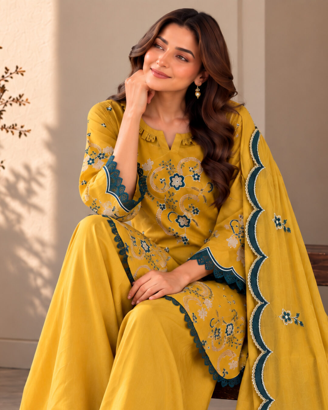 Mustard Yellow embroidered silk 3 piece suit, seated three-quarter view