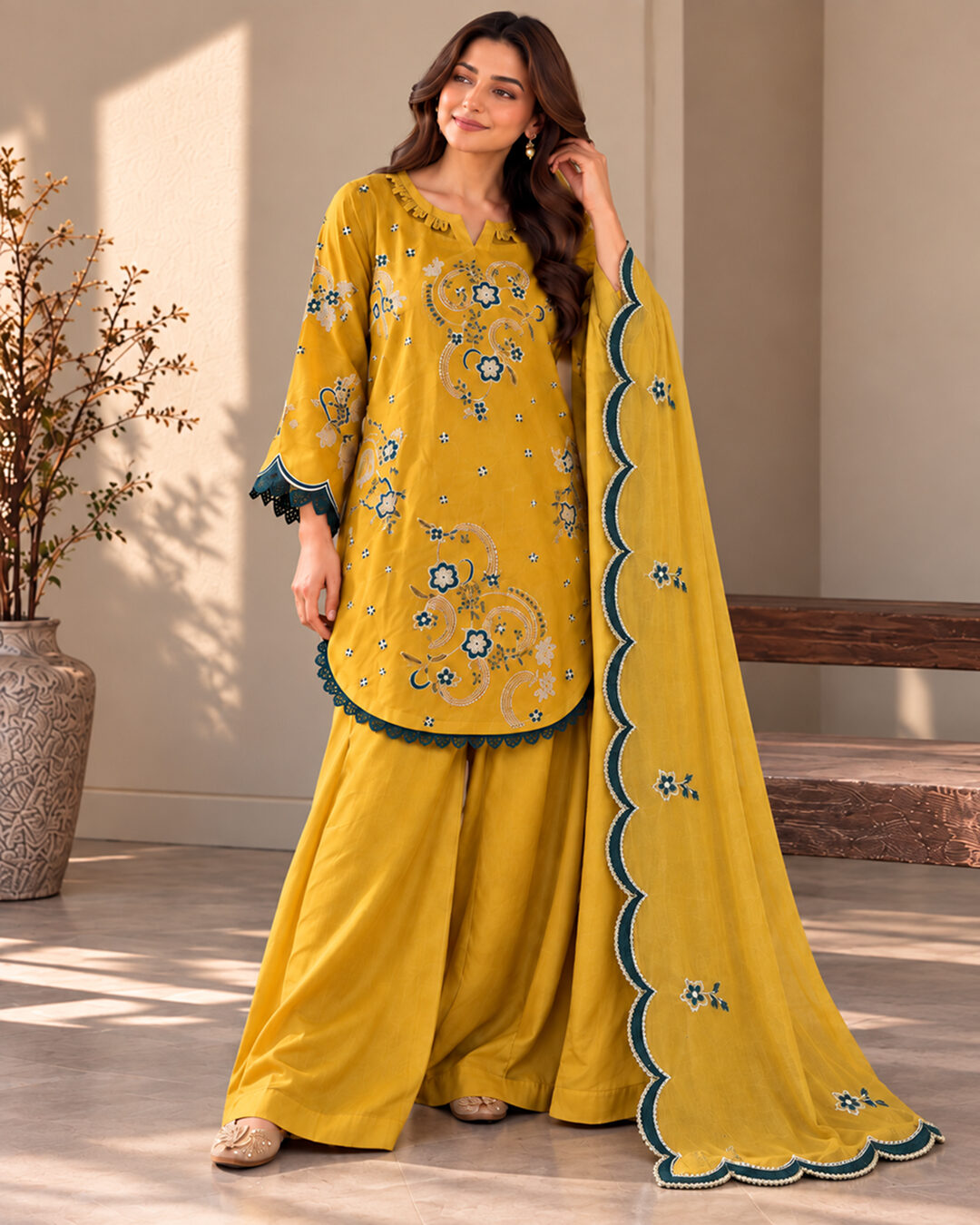 Mustard Yellow embroidered silk 3 piece suit, full-length front view with the dupatta