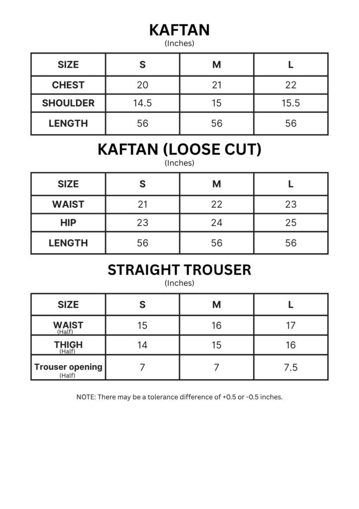 Kaftan and Straight Trouser size chart