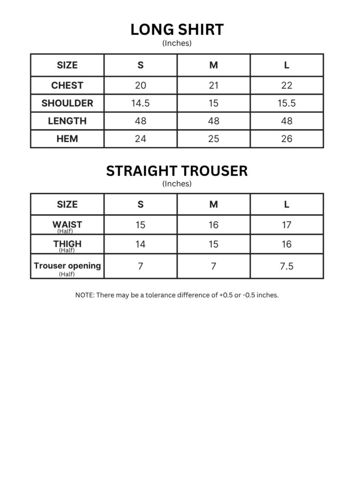 Long Shirt and Straight Trouser size chart