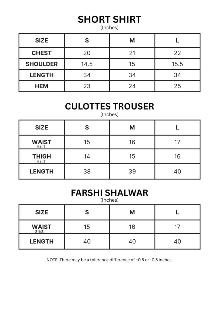 Short Shirt, Culottes Trouser and Farshi Shalwar size chart