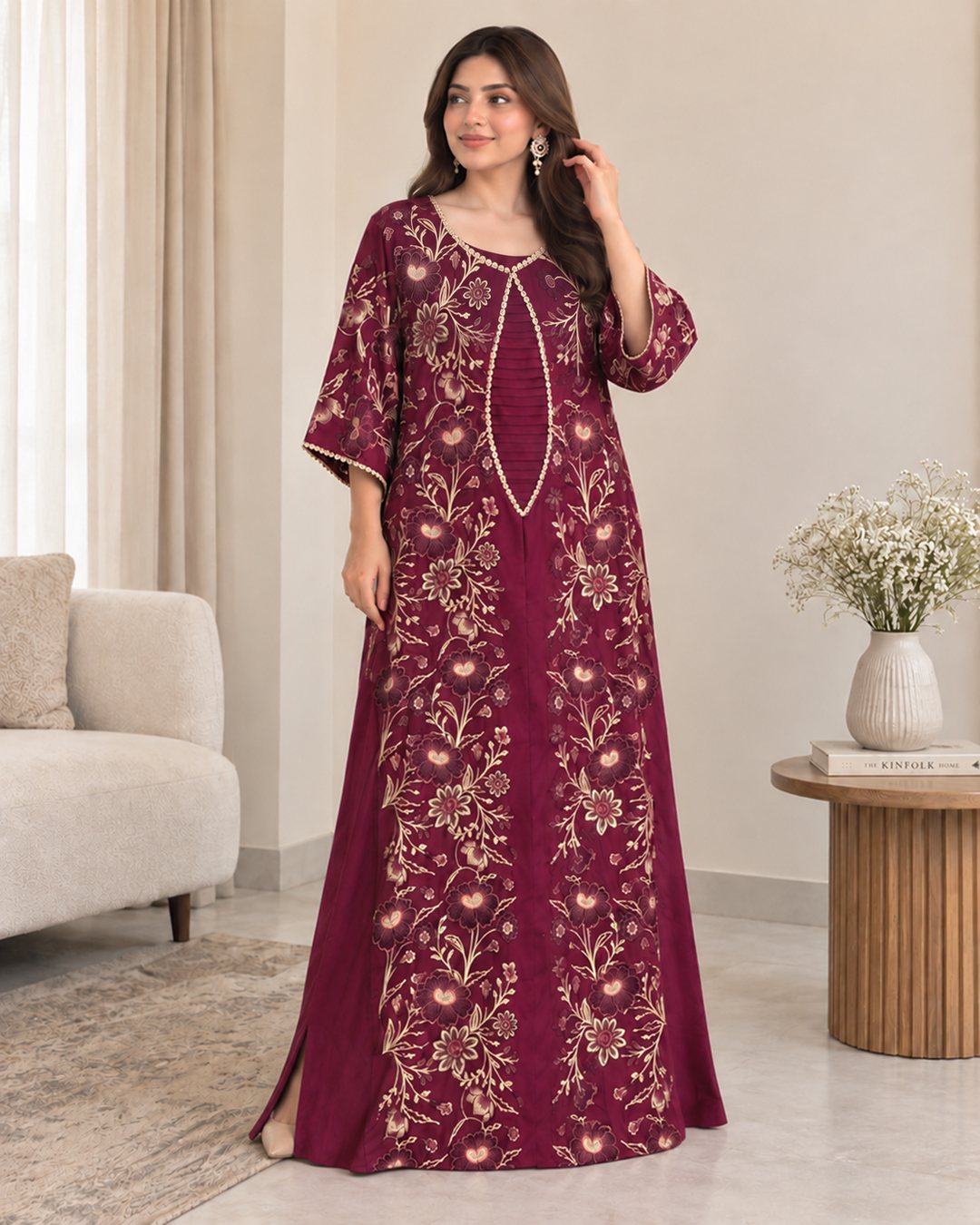 Berry Wine maroon embroidered silk kaftan, full-length front view
