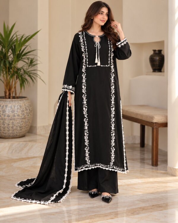Black embroidered silk 3 piece suit, full-length front view with the lace trimmed dupatta