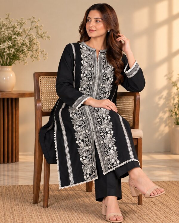 Black embroidered silk long open shirt suit, seated on a chair, full-length front view