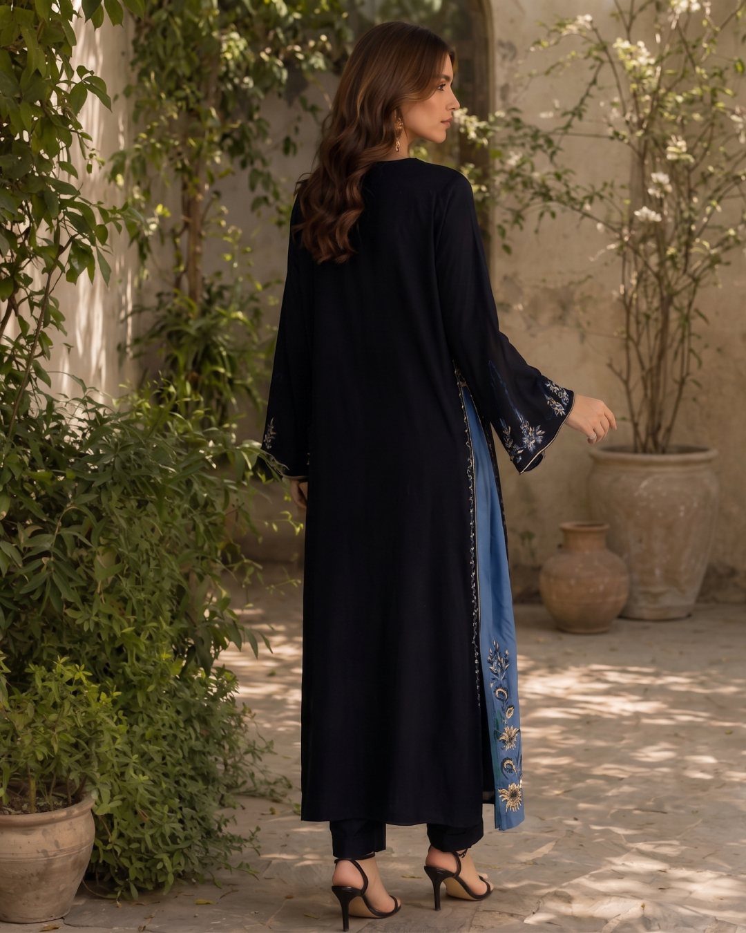 Midnight Blue embroidered silk 3 piece suit, full-length back view