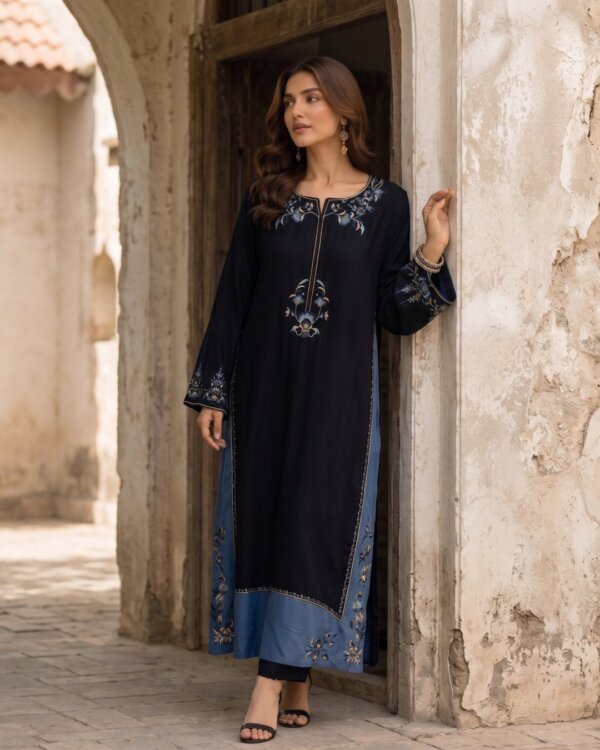 Midnight Blue embroidered silk 3 piece suit, full-length front view at an arched doorway