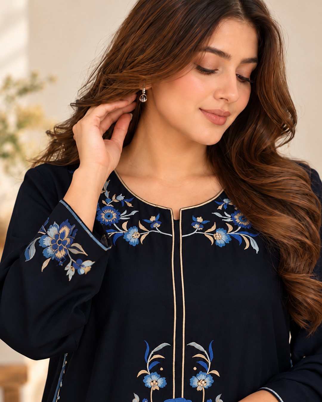 Midnight Blue embroidered silk 3 piece suit, close-up of the embroidered neckline