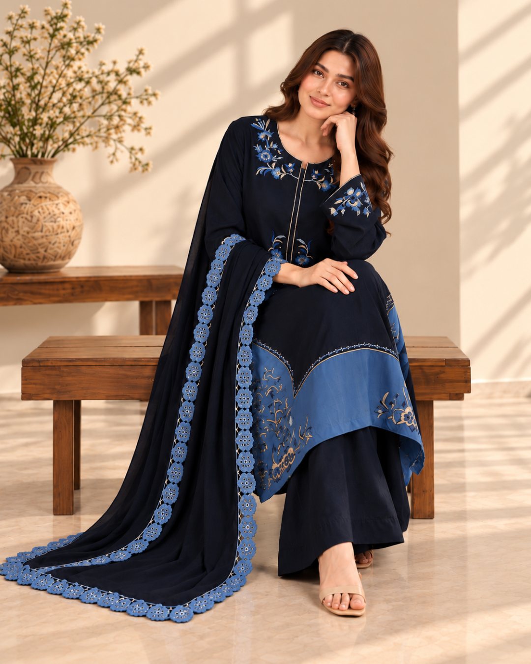 Midnight Blue embroidered silk 3 piece suit, seated on a bench with the lace trimmed dupatta
