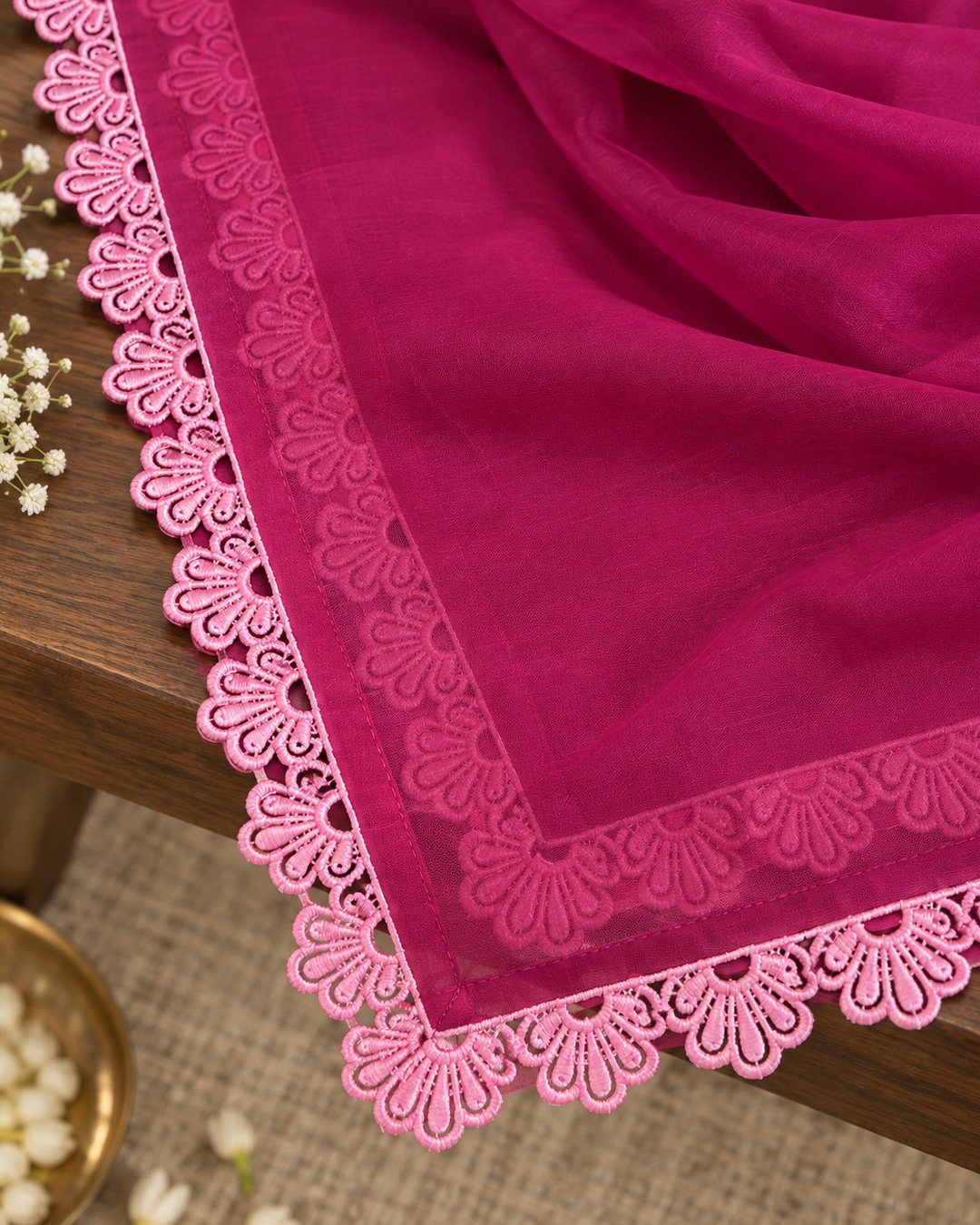 Raspberry Pink embroidered silk 3 piece suit, close-up of the scalloped lace dupatta border