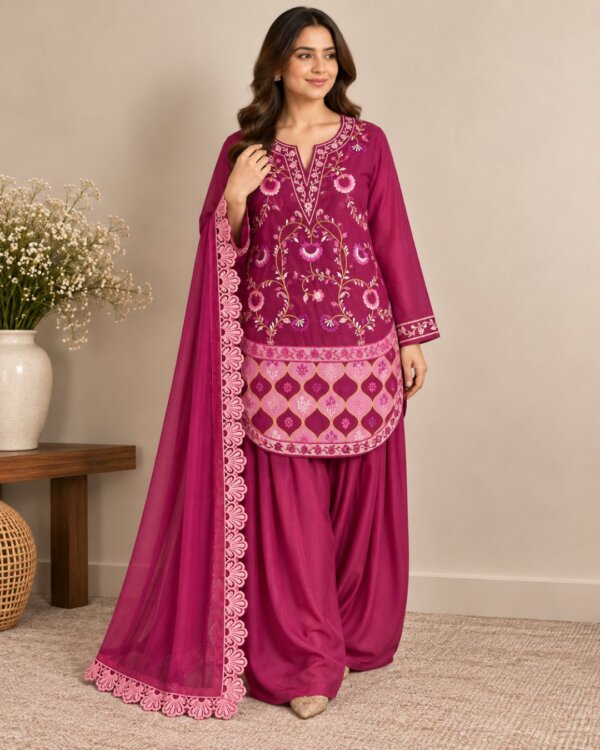Raspberry Pink embroidered silk 3 piece suit, full-length front view with the lace chiffon dupatta