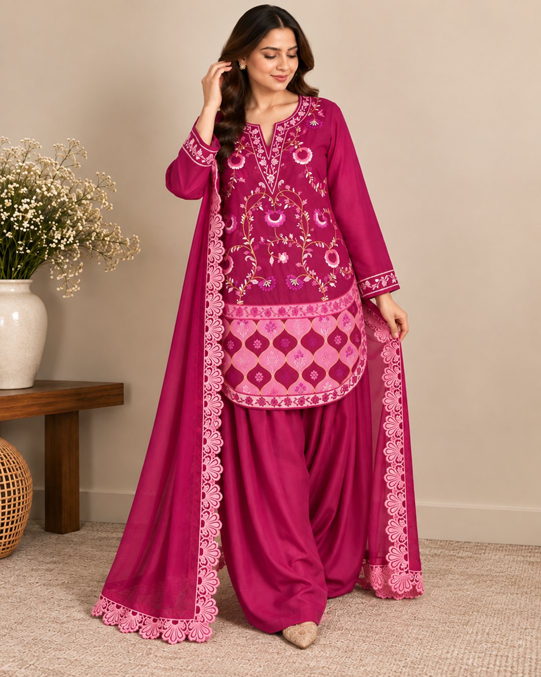 Raspberry Pink embroidered silk 3 piece suit, full-length front view with the dupatta, second angle