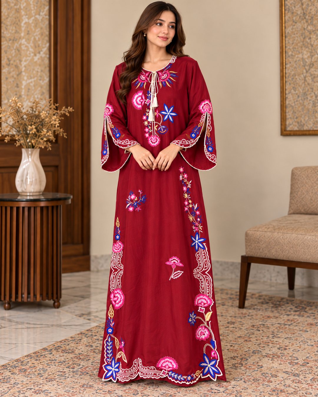 Red embroidered silk kaftan, full-length front view with the tassel neckline