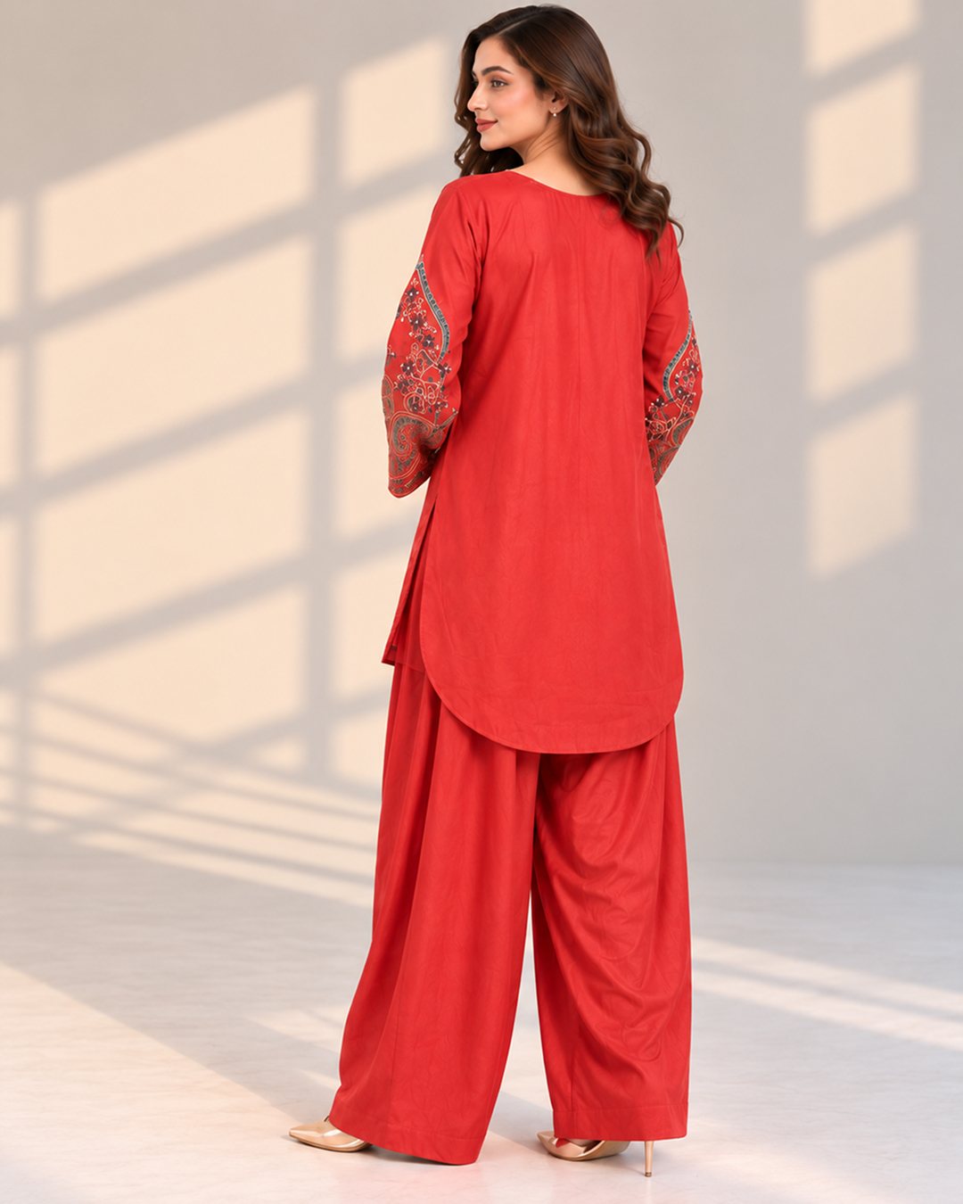 Rust Orange embroidered silk 2 piece suit, full-length back view