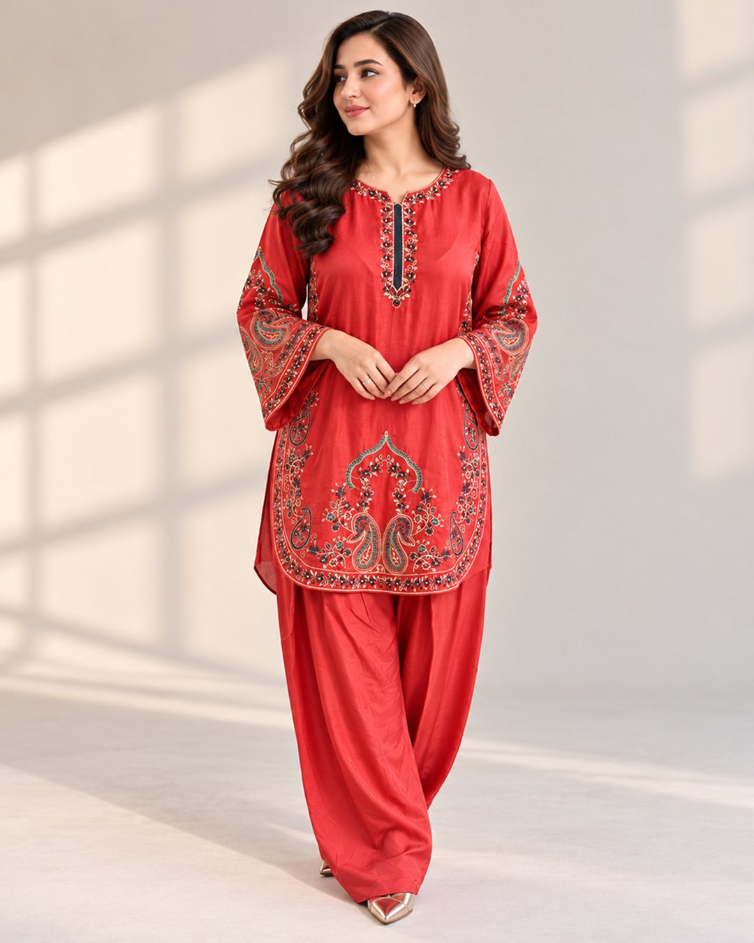 Rust Orange embroidered silk 2 piece suit, full-length front view, second angle