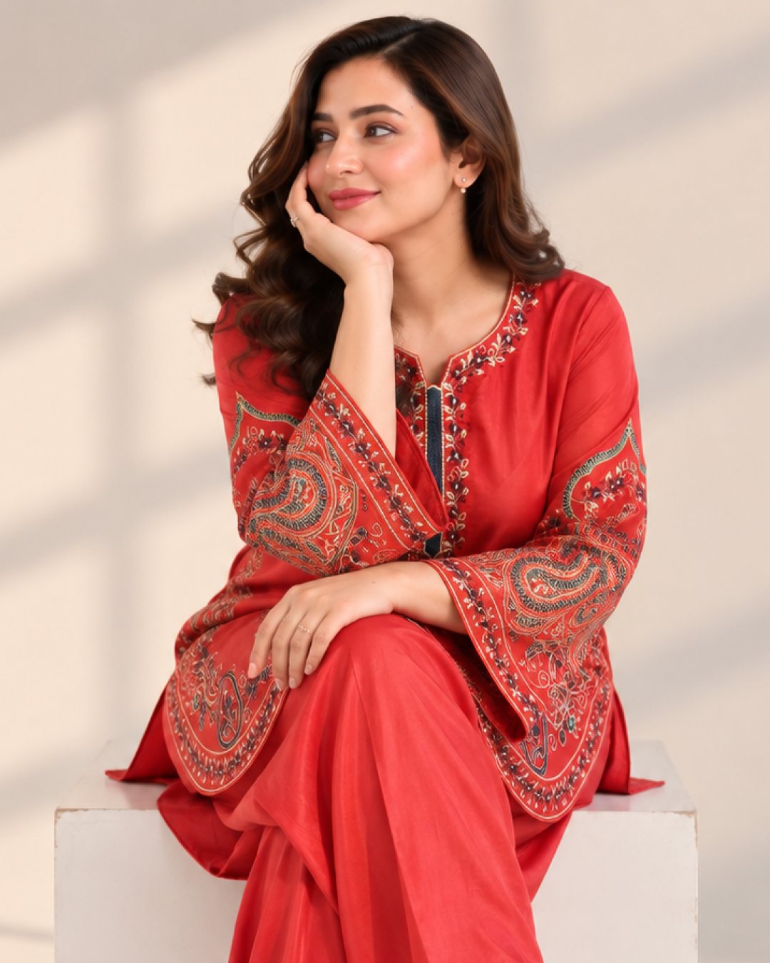 Rust Orange embroidered silk 2 piece suit, seated close-up showing the paisley embroidered sleeves