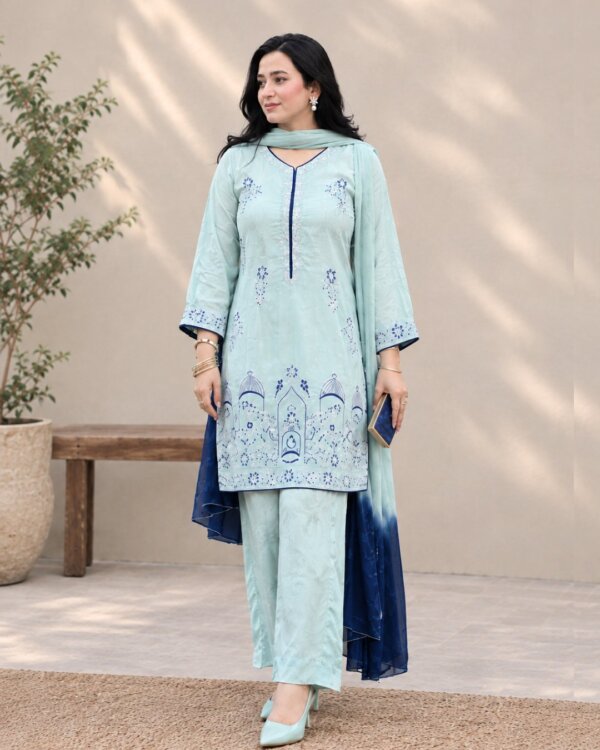 Sea Green embroidered silk 3 piece suit, full-length front view with the two tone dupatta